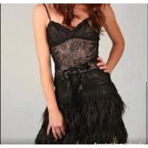 Y2K Party Lace Ostrich Feather Cocktail Mini Dress SZ S 4 Black Mesh Flapper